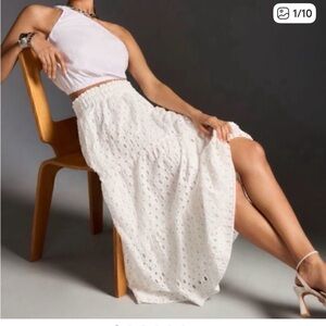 Anthropologie Somerset Tiered A-Line Smocked White Eyelet Maxi Skirt XS